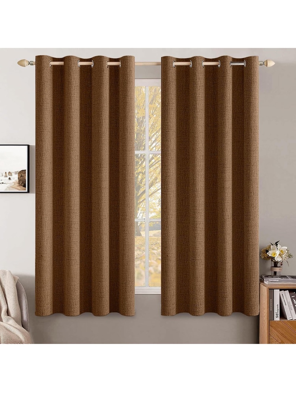 MIULEE 100% Blackout Linen Curtains for Bedroom 52x45 Inches Brown 2600/bb8-1